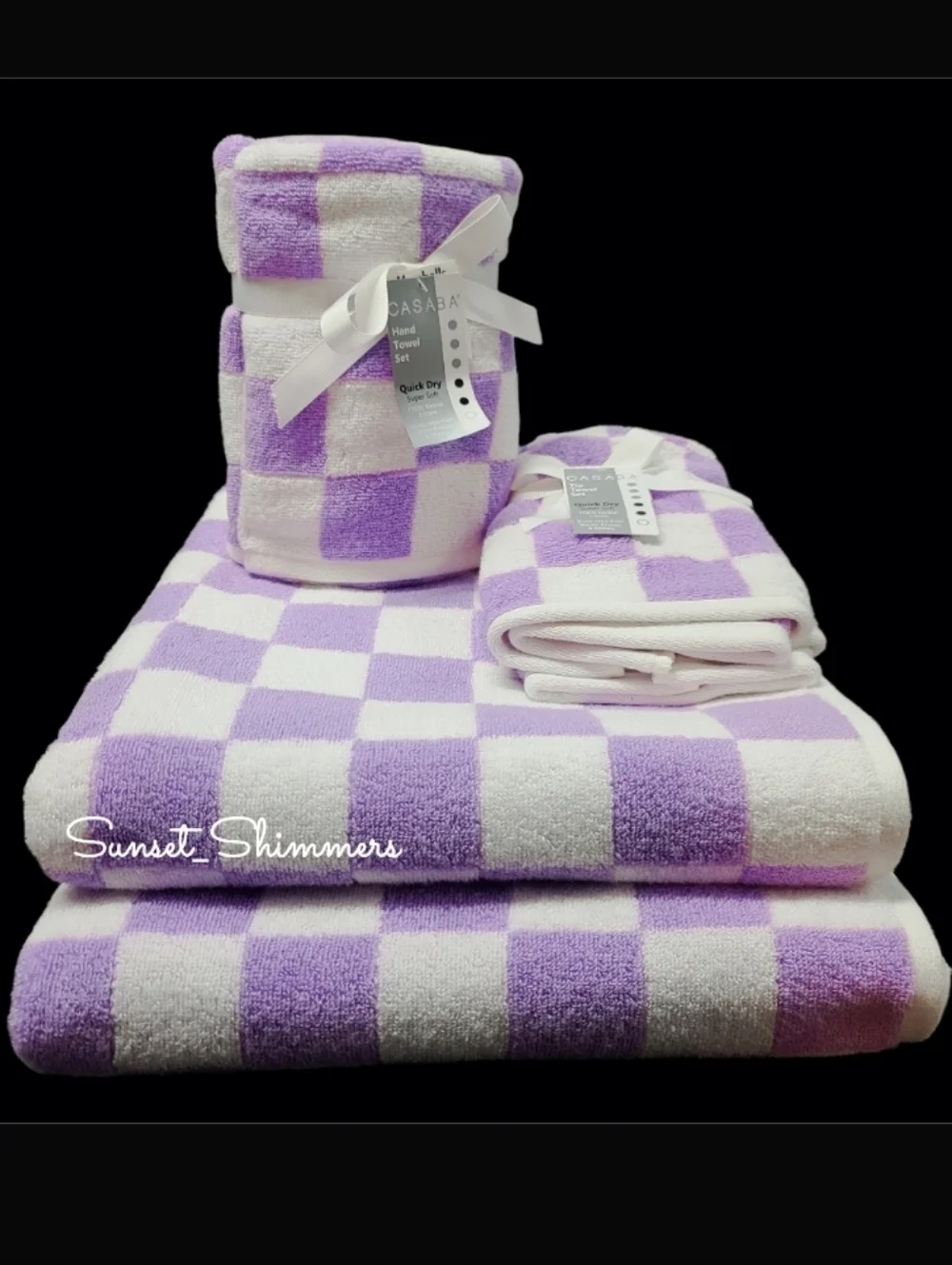 6pc MACKENZIE Style PURPLE White Courtly Check Bath Hand Tip Towel Set Casaba